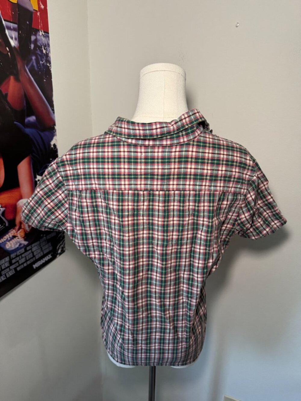 Abercrombie Y2K Green, Red, and Cream Plaid Short Sleeve Baby Button Up Blouse - Picture 7 of 13